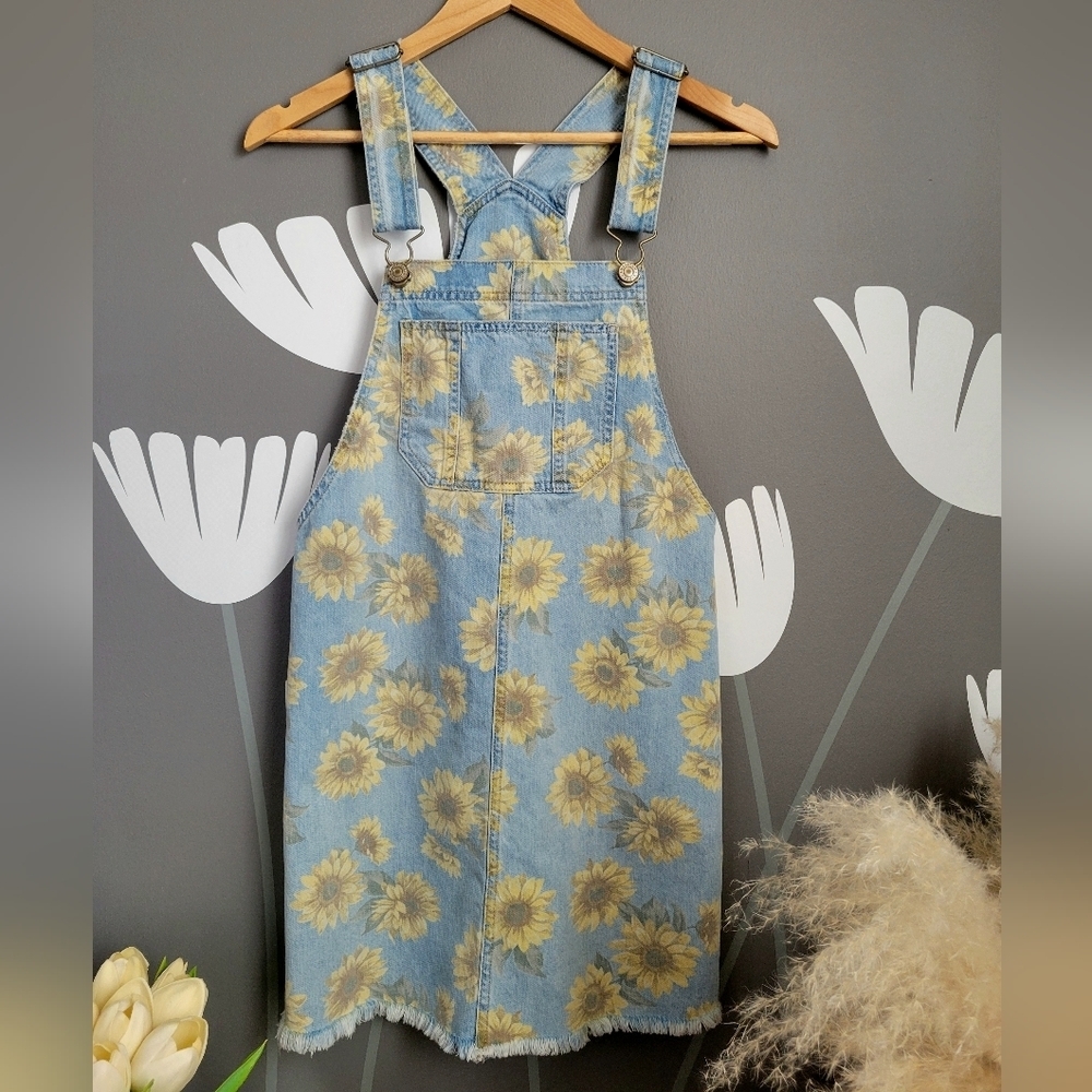 American Eagle Sunflower Print Soft Denim Overall Dress Size Small